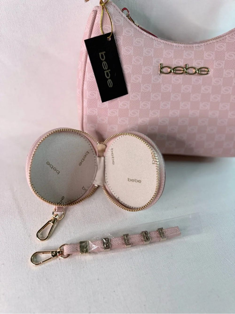 bebe Pink Signature Crossbody Bag with Coin Pouch, Keychain and adjustable Strap